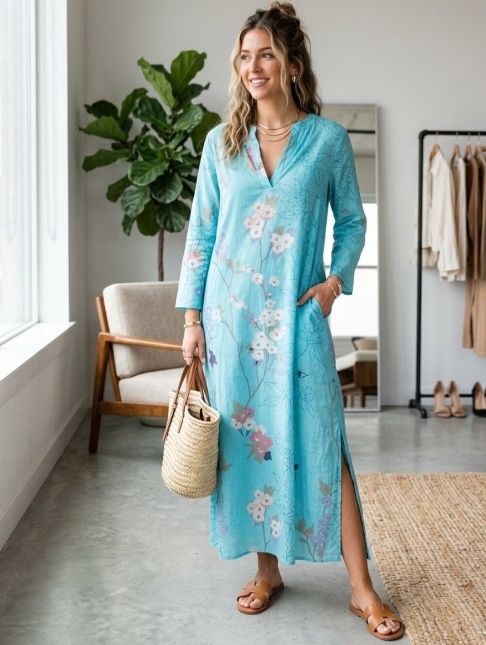 Natori Teal Kaftan Pull Over Semi Sheer Dress Women's XS Beach Cover Up Vacation